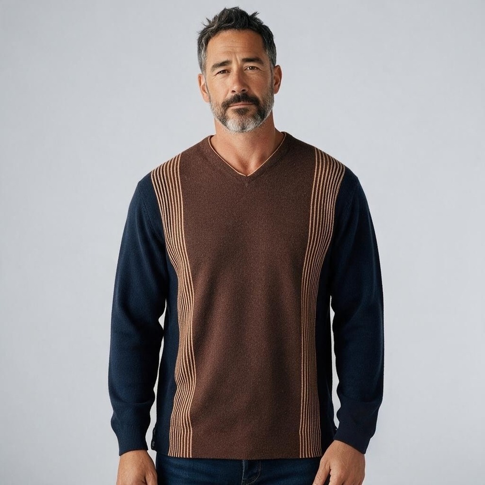 TEHAMA TORREY PINES Mens V-Neck Golf Sweater Large Cotton Cashmere Brown Black